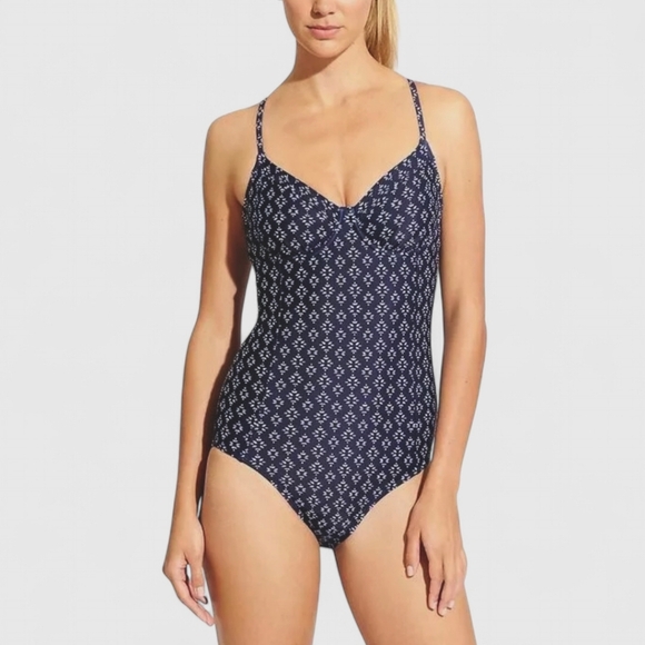 Athleta Navy Blue Geometric Adjustable Swimsuit Taza Kaimana 1 PC Women's 32 B/C - Picture 1 of 12
